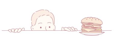 Genç bir çocuk heyecanlı bir şekilde lezzetli bir hamburger bekliyor. Merakını ve açlığını gösteriyor.