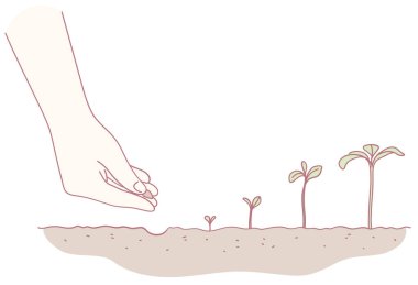 Tohumları besleyen toprağa eken, büyümeyi ve canlı bir ekosistemi sembolize eden bir elin çizimi.