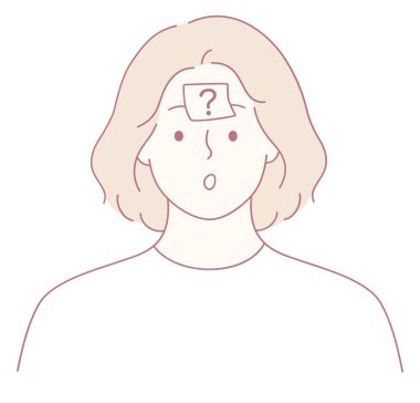 Alnında soru işareti olan kafası karışık bir insanı tasvir eden basit ama büyüleyici bir çizim.