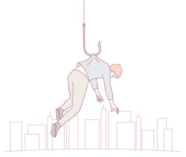 Bu, hareketli bir şehrin ufuk çizgisinin üzerinde asılı duran bir adamı gösteren canlı bir grafik çizimi.