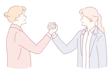 İki güçlü kadının bilek güreşinin dinamik çizimi, kadınlar arasındaki güç ve işbirliğini sembolize ediyor.