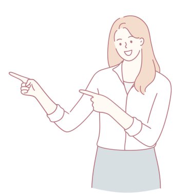 Şık bir bluz giyen neşeli bir kadın iki eliyle hareket eder, rehberliği ya da yönü sembolize eder.