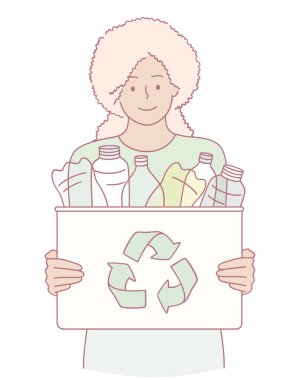 Bir kadının elinde plastik şişelerle dolu bir geri dönüşüm kutusu var. Çevresel alışkanlıkları ve tercihleri teşvik ediyor.