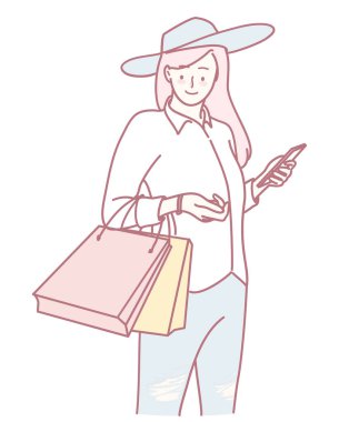 Alışveriş yapmaktan hoşlanan, çantalarını tutan, telefonunu kontrol eden, moda ve yaşam tarzını somutlaştıran modern bir kadın..