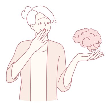 Bir kadın düşünceli bir şekilde fikirlerini düşünüyor ve elinde nazikçe bir beyin çizimi tutuyor.