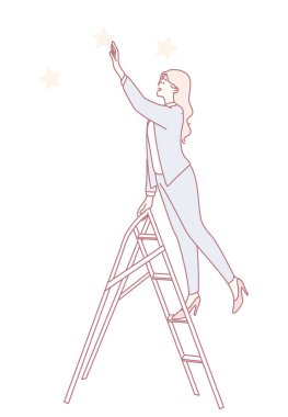 Kararlı bir kadın, yukarıdaki yıldızlara uzanan, hırsını ve hayallerini simgeleyen yüksek bir merdivene tırmanır.