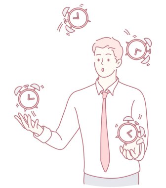 Başarılı bir işadamı, etkili zaman yönetimini ve üretkenliği sembolize ederek çalar saatlerle hokkabazlık yapar