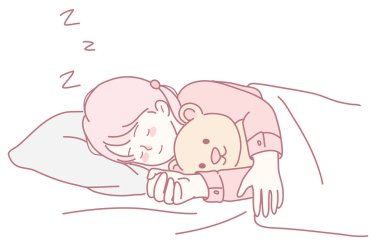 Oyuncak ayıyla huzur içinde uyuyan masum ve rahat bir çocuğun hoş bir tasviri..