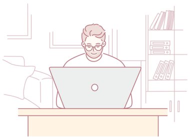 Bu illüstrasyon, rahat bir çalışma ortamında otururken dizüstü bilgisayarına konsantre olan bir kişiyi resmeder.