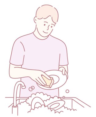 Bulaşıkları kabarcıklarla dolu bir lavaboda keyifle yıkayan bir adam, günlük aktivitelerin cazibesini ön plana çıkarıyor.