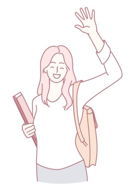 Elinde kitap tutan, sırt çantası takan, eğitimi ve arkadaşlığı simgeleyen mutlu bir öğrenci..