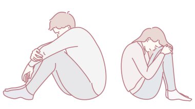 Çeşitli vücut dilleri ile ifade edildiği gibi endişe ve üzüntü duygularını gösteren bir çizim.