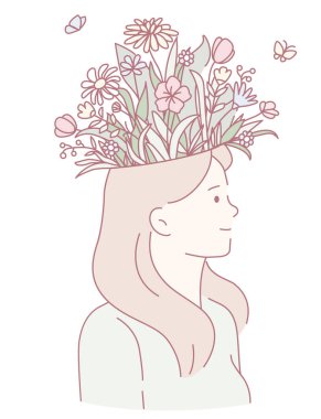 Canlı çiçekli bir taç giymiş, doğayı ve iç huzuru kutlayan bir kadının huzurlu bir resmi.