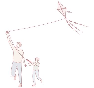 Sevgi dolu bir ebeveynin ve çocuklarının renkli bir uçurtmayı birlikte uçurdukları iç açıcı ve neşeli bir sahne.