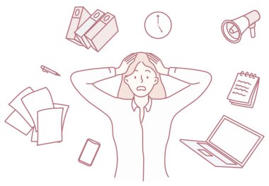 Kargaşanın ortasında stresli bir kadın, günümüzde yaygın olarak işyeri talep eden endişe ve baskıyı betimliyor.