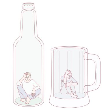 İnsanları şişe ve kupa içinde tasvir eden kavramsal illüstrasyon, hapsedilmeyi ve içgözlem yapmayı sembolize ediyor.