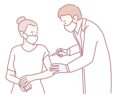 Klinik ortamda bir hastaya aşı uygulayan bir sağlık görevlisini gösteren bir çizim.