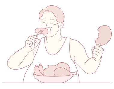 Neşeli bir adam, nefis bir tavuk menüsünün keyfini çıkarıyor. Lezzetli yemeklere olan gerçek tutkusunu sergiliyor.