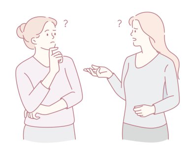 Düşünceli bir tartışmada, ifadelerinde merak ve tefekkür gösteren iki kadının çizimi.