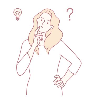 Düşünceli bir kadın, ilham için bir ampul ve merak için bir soru işaretiyle sembolize edilmiş bir fikir üzerinde kafa yoruyor.