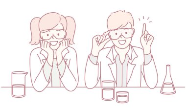 İki neşeli bilim adamı coşkulu bir şekilde canlı bir laboratuvar ortamında heyecan verici deneyler yapıyorlar.