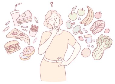 Düşünceli bir kadın sağlıklı yemek seçenekleri ve hoşgörülü ikramları arasındaki seçimlerini derin derin düşünür.