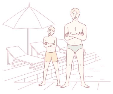 Güneşli bir günde, iki neşeli çocuk havuz kenarında şezlongların yanında ve renkli bir şemsiye