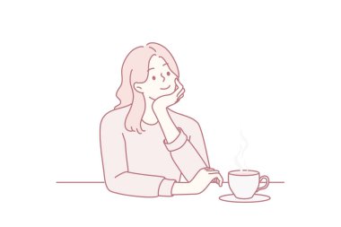 Rüya ve günlük rahatlama konsepti. Genç pozitif kız masada oturup çay ya da kahve içerek vektör resimlerini çiziyor.