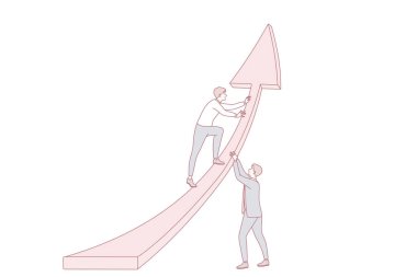 Takım çalışması, geliştirme, iş birliği. Takım elbiseli iki genç işadamı, başarının ve gelişimin sembolü olarak kırmızı oku birlikte koyuyorlar.