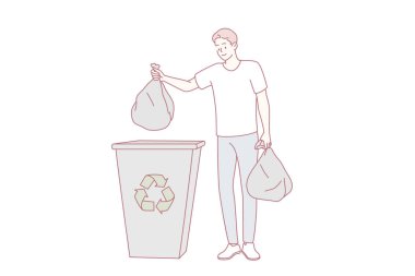 Ekoloji ve geri dönüşüm kavramının korunması. Geri dönüşüm vektörü çizimi için ayrılan çöp torbalarını tutan genç gülümseyen adam çizgi film karakteri