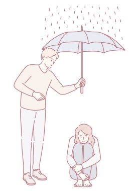 Savunmasız bir insanı yağmurdan koruyan, destek ve empatiyi sembolize eden besleyici bir figürün çizimi.