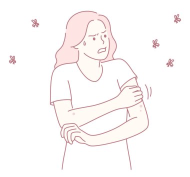 Kolunda kaşıntı ya da deri tahrişi yaşayan ve rahatsızlık hisseden bir kadının resimli tasviri.