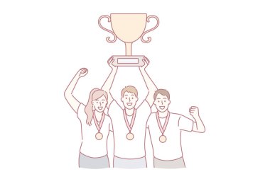 Takım çalışması, başarı, işbirliği ve kazanma konsepti. Bir grup gülümseyen mutlu insan, ellerinde altın kupa, ellerinde vektör illüstrasyonuyla boyunlarında madalyalarla duruyorlar.