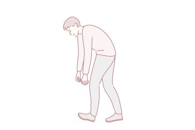 Aşırı çalışma, yorgunluk, iş kavramında yorgunluk. Genç, yorgun ve stresli iş adamı çizgi film karakteri, el ve geriye doğru vektör çizimi ile yürüyor