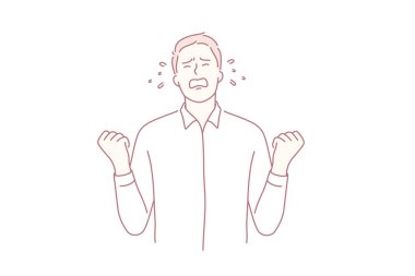 Öfke, iş krizi, duygu konsepti. Öfkeli genç iş adamı çizgi film karakteri yumruklarını sallayarak bağırıyor öfke vektörü illüstrasyonunu hissediyor