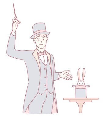 Klasik, renkli bir kıyafet giymiş bir sihirbaz sahnedeki silindir şapkadan ustalıkla bir tavşan çıkarır.