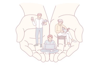 Şirket müdürü işçi bürosu ekibini umursar. İş dengesi ve modern ofisin vektör konsepti. İşçi iş yardımları