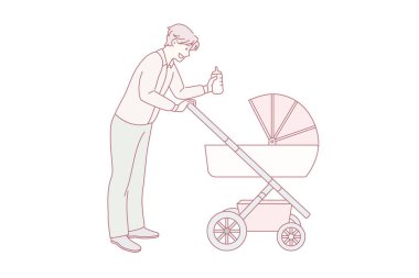 Mutlu babalık ve ebeveynlik kavramları. Bebek arabasında bebeğiyle yürüyen, elinde sütle gezen genç bir baba.