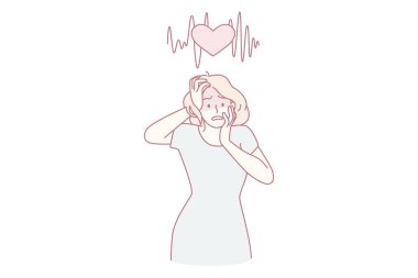 Mide yanması ve panik konsepti. Genç, şok olmuş kadın çizgi film karakteri yüzüne dokunuyor panik vektörü çizimi hissediyor