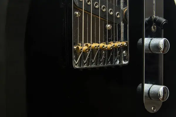 Klasik bir Amerikan elektro gitarının detayları, siyah, krom ve akçaağaç yakalı.