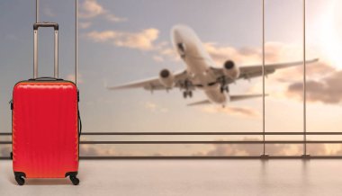 Bekleme salonundaki siyah duvarda boş beyaz poster ve cam duvarın dışında uçak kalkıyor. 3B görüntüleme, düzenle