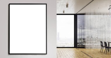 Modern cam ofis koridor duvar üzerinde gün ışığı ve kopya alanı ile. Alay etmek yukarıya, 3d render 