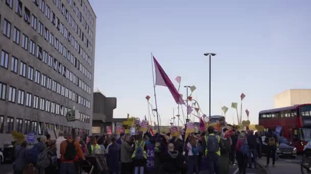 Londen 2022 Uitstervingsopstand Demonstranten Met Vlaggen Bij Waterloo Bridge — Stockvideo