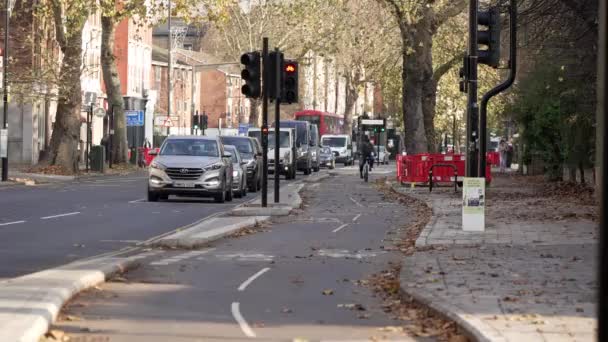 London 2022 Ein Radfahrer Fährt Auf Dem Radweg Neben Der — Stockvideo