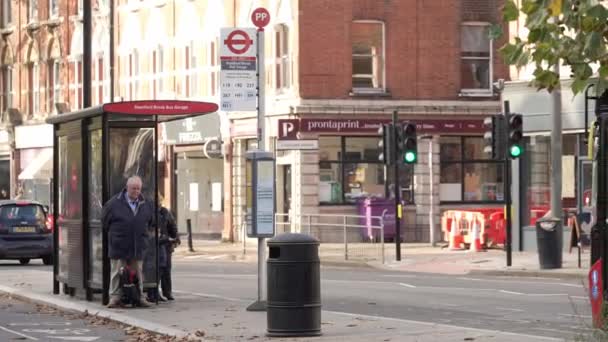 Londra Ngiltere 2022 Kırmızı Çift Katlı Otobüsün Otobüs Durağına Gelişinin — Stok video