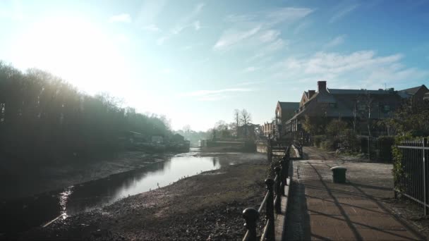 ロンドン 2022 冷たい凍結の朝に古い島の堤防とテムズ川の美しい景色と水の上の行者と鳥 — ストック動画