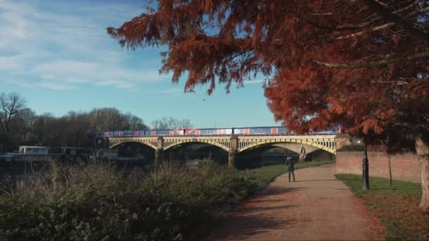 London 2022 South Western Railway Zug Überquert Einem Kalten Wintermorgen — Stockvideo