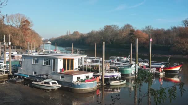 ロンドン イギリス 2022 寒い霜の朝にテムズ川の西ロンドンの屋形船 — ストック動画