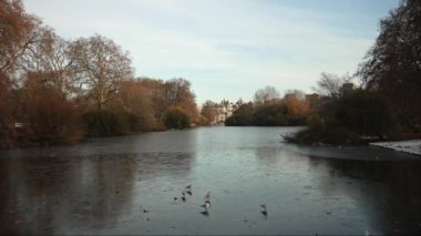 Londra, İngiltere - 2022.12.17: Soğuk kış sabahı St. James 's Park Gölü' nün görüntüleri