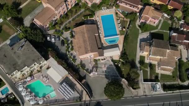 Wyspa Korfu Grecja 2023 Zdjęcia Dronów Lotniczych Małego Hotelu Basenem — Wideo stockowe